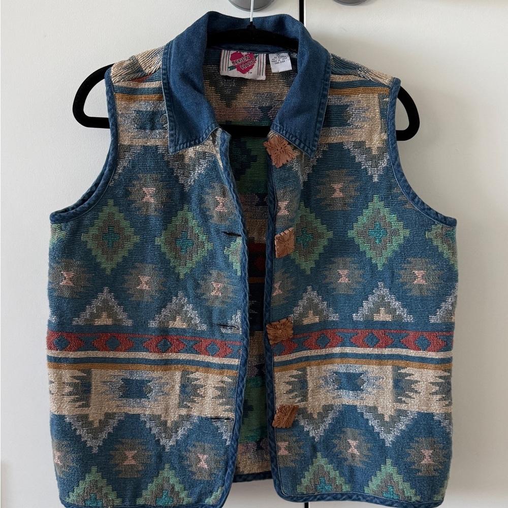 Southwestern Pattern Denim-Trim Kids Vest - Blue/Teal - Picture 6 of 6